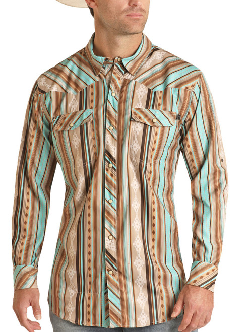 Men's Regular Fit Aztec Stripe Print Long Sleeve Snap Shirt in Tan