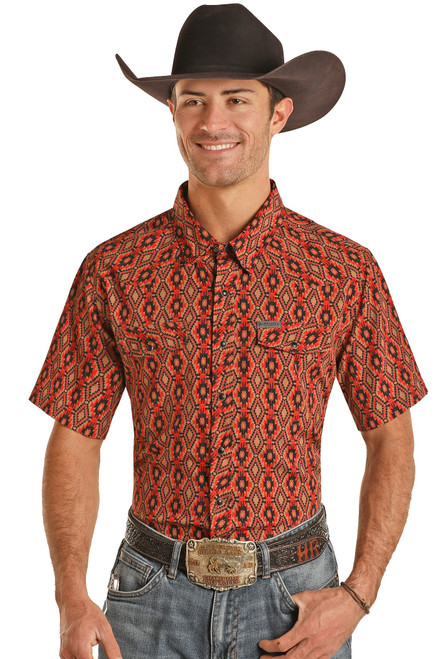 Men's Slim Fit Aztec Print Short Sleeve Snap Shirt in Tan - Front
