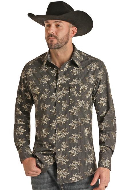 Men's Slim Fit Paisley Long Sleeve Snap Shirt in Charcoal