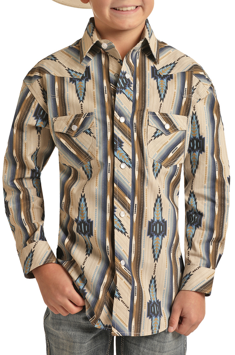Aztec Pattern Long Sleeve Snap Shirt (RRBSOSR0QB)