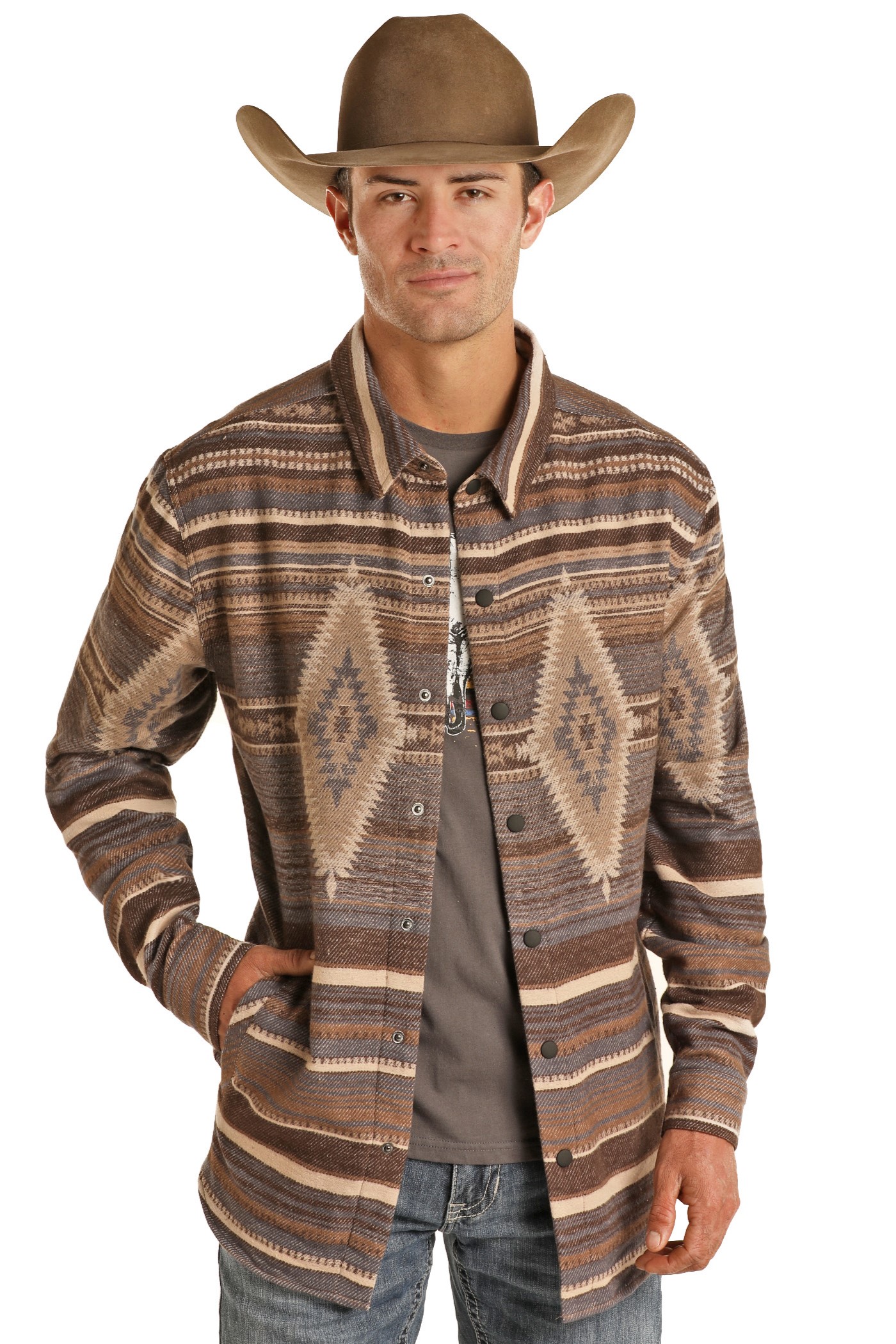 Men's Aztec Shirt Jacket - Dark Brown | Rock and Roll Denim