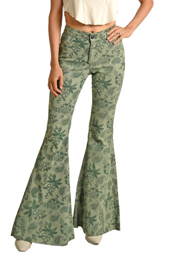 Free People Flare Pants Womens Size Medium Green Floral Full Length Bell  Bottom