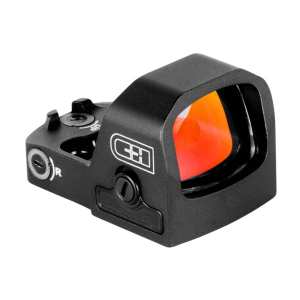 C&H Precision EDC Red Dot Optic, front three-quarter view, 16mm lens window with red dot illumination