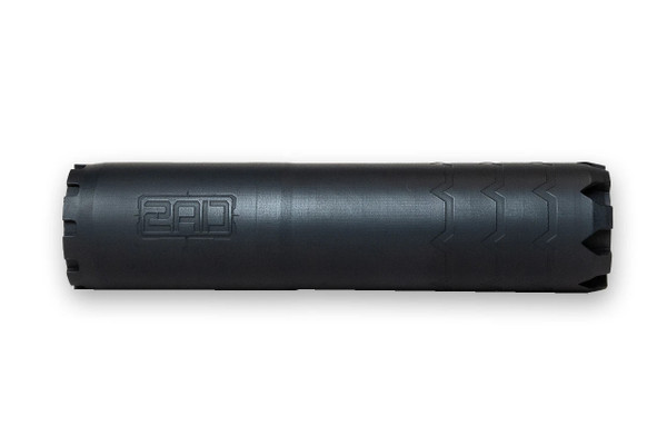2AD Nap Time suppressor in Black, full side profile showing the 6.5-inch monolithic body with embossed 2AD logo, chevron surface pattern, and castellated end caps.