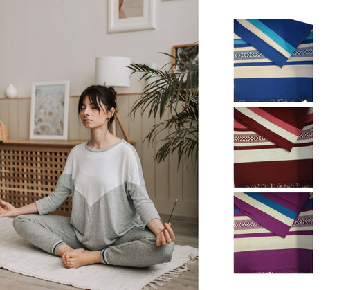 Blue Cotton Yoga Rug with Tassels | Natural Yoga Practice Rug for Bikram, Ashtanga & Power Yoga