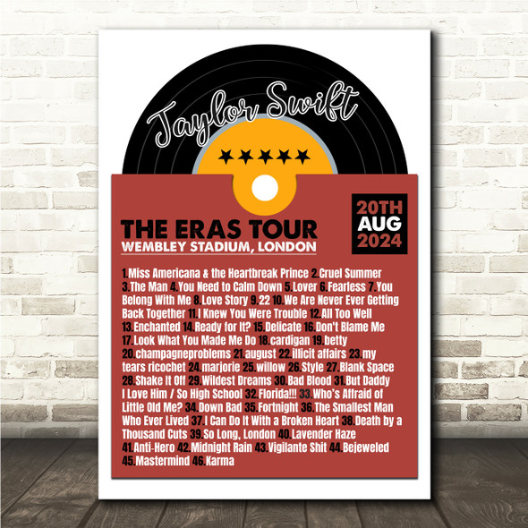 Taylor Swift - Concert Setlist Gig Poster Print Canvas Vinyl Record - Wembley London England - Aug 20 2024