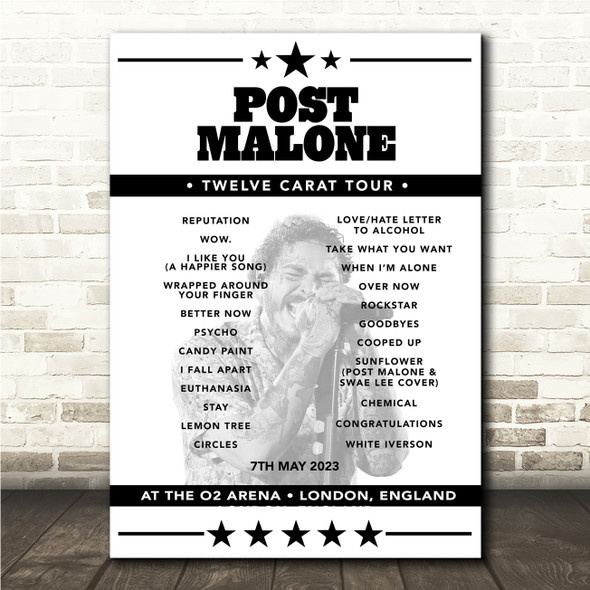 Post Malone - Concert Setlist Poster Print Canvas - The O2 Arena, London, England - May 7th 2023