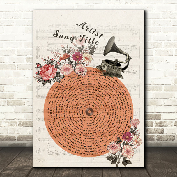 Floral Gramophone Vintage Record Any Song Lyric Personalised Music Art Print