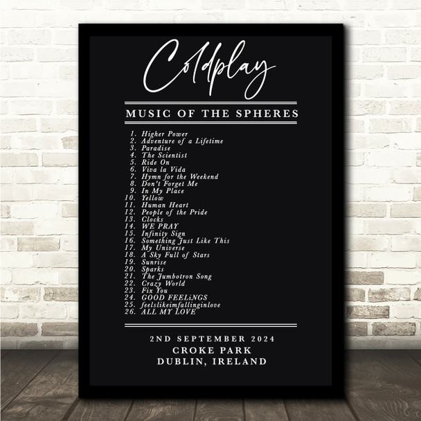 Coldplay - Concert Setlist Gig Poster Print Canvas Black & White - Croke Park Dublin Ireland - Sept 2nd 2024