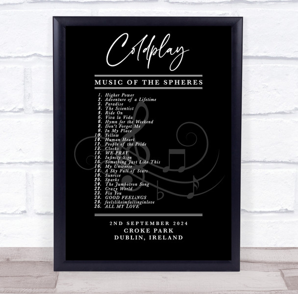 Coldplay - Concert Setlist Gig Poster Print Canvas Black White - Croke Park Dublin Ireland - Sept 2nd 2024