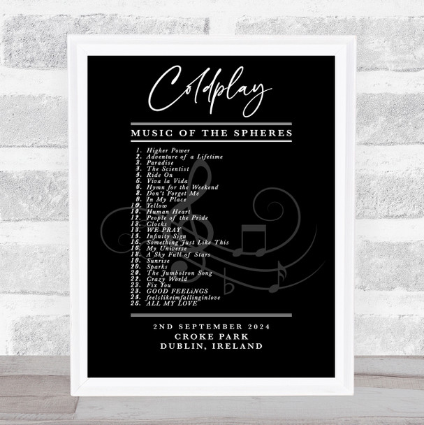 Coldplay - Concert Setlist Gig Poster Print Canvas Black White - Croke Park Dublin Ireland - Sept 2nd 2024