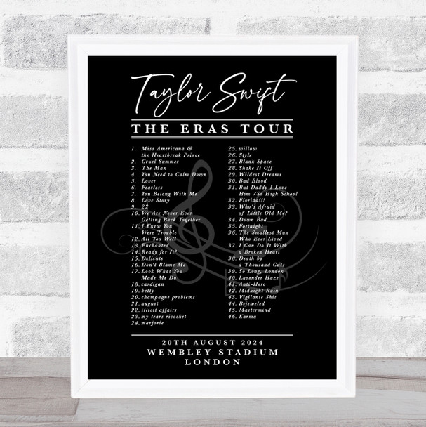 Taylor Swift - Concert Setlist Gig Poster Print Canvas Black White - Wembley London England - Aug 20 2024