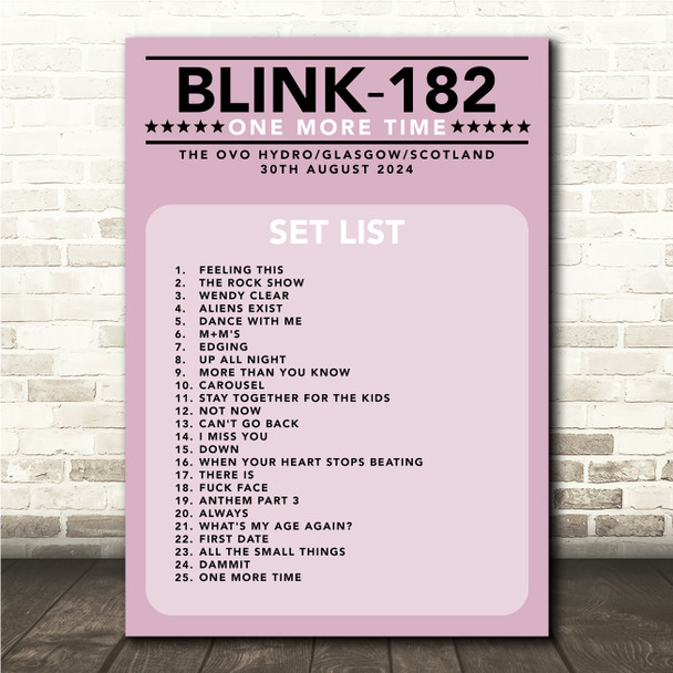 Blink-182 - Concert Setlist Gig Poster Print Canvas Pink - The OVO Hydro Glasgow Scotland - Aug 30th 2024