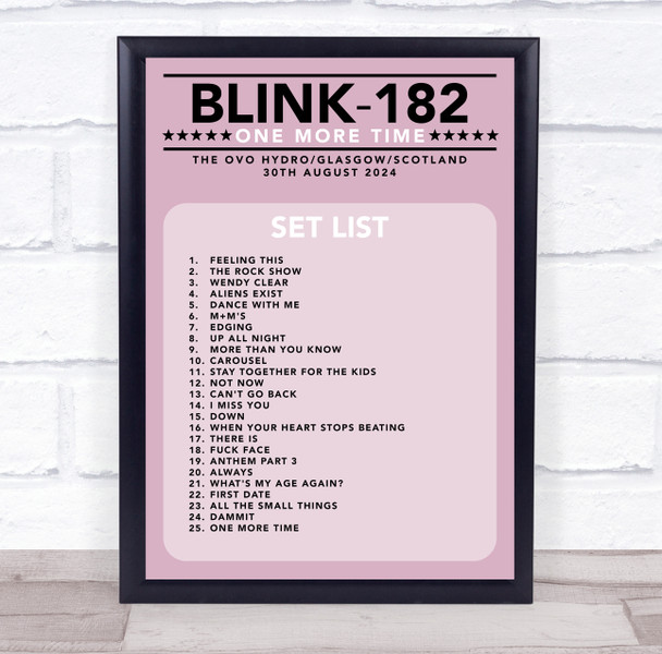 Blink-182 - Concert Setlist Gig Poster Print Canvas Pink - The OVO Hydro Glasgow Scotland - Aug 30th 2024