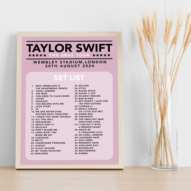 Taylor Swift - Concert Setlist Gig Poster Print Canvas Pink - Wembley London England - Aug 20 2024