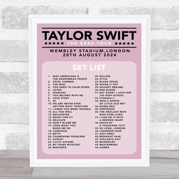 Taylor Swift - Concert Setlist Gig Poster Print Canvas Pink - Wembley London England - Aug 20 2024