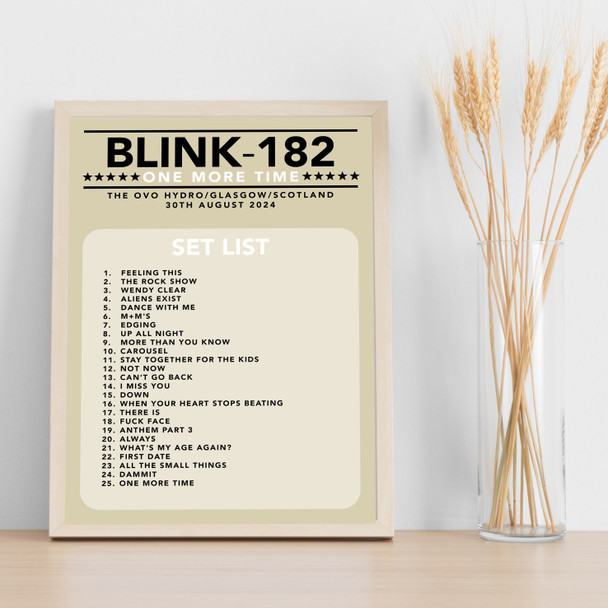 Blink-182 - Concert Setlist Gig Poster Print Canvas Neutral - The OVO Hydro Glasgow Scotland - Aug 30th 2024
