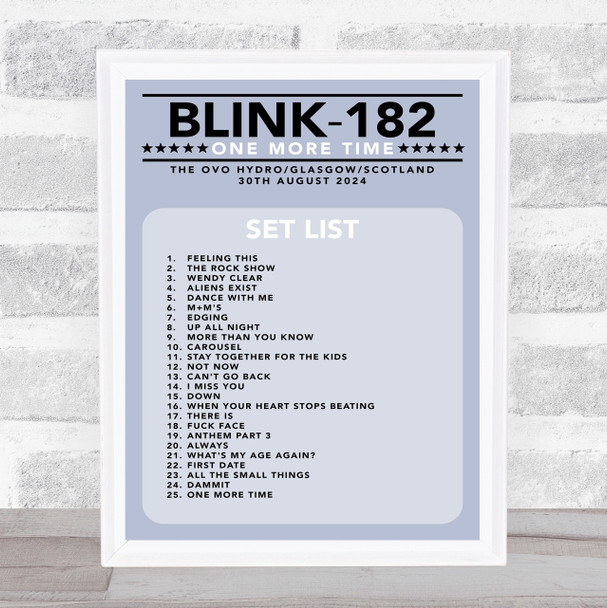 Blink-182 - Concert Setlist Gig Poster Print Canvas Blue - The OVO Hydro Glasgow Scotland - Aug 30th 2024