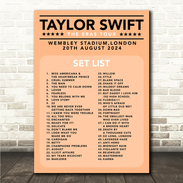Taylor Swift - Concert Setlist Gig Poster Print Canvas Coral - Wembley London England - Aug 20 2024