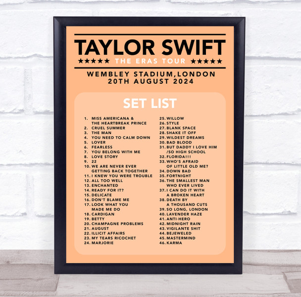 Taylor Swift - Concert Setlist Gig Poster Print Canvas Coral - Wembley London England - Aug 20 2024