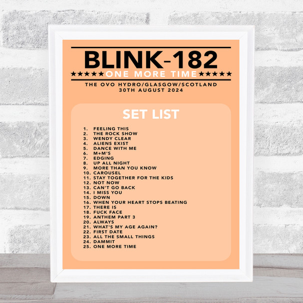 Blink-182 - Concert Setlist Gig Poster Print Canvas Coral - The OVO Hydro Glasgow Scotland - Aug 30th 2024