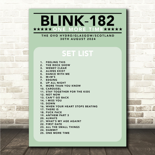 Blink-182 - Concert Setlist Gig Poster Print Canvas Green - The OVO Hydro Glasgow Scotland - Aug 30th 2024