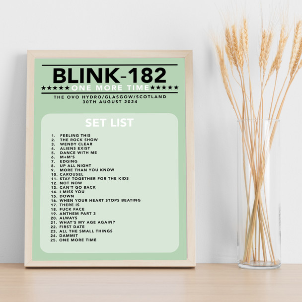Blink-182 - Concert Setlist Gig Poster Print Canvas Green - The OVO Hydro Glasgow Scotland - Aug 30th 2024