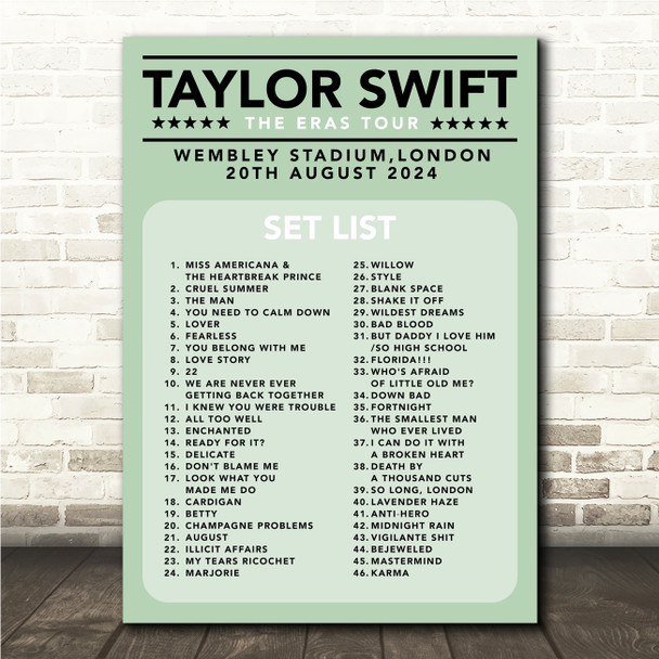 Taylor Swift - Concert Setlist Gig Poster Print Canvas Green - Wembley London England - Aug 20 2024