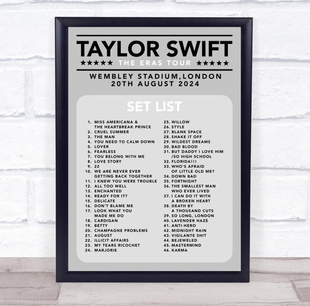 Taylor Swift - Concert Setlist Gig Poster Print Canvas Grey - Wembley London England - Aug 20 2024
