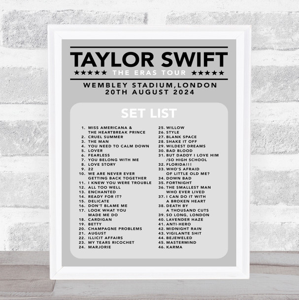 Taylor Swift - Concert Setlist Gig Poster Print Canvas Grey - Wembley London England - Aug 20 2024
