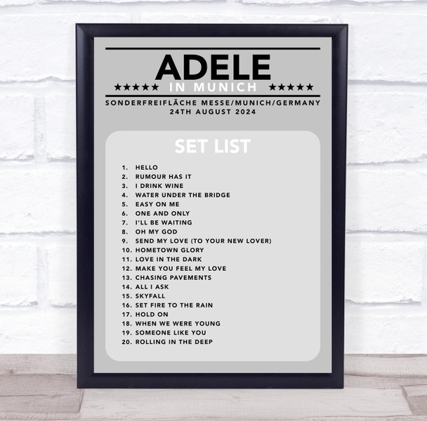 Adele - Concert Setlist Poster Print Canvas Grey - Sonderfreifläche Messe - Aug 24th 2024