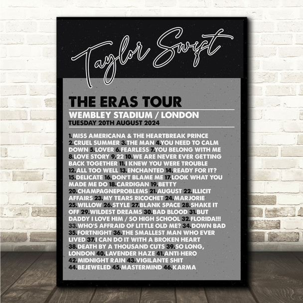 Taylor Swift - Concert Setlist Gig Poster Print Canvas Black & Grey - Wembley London England - Aug 20 2024