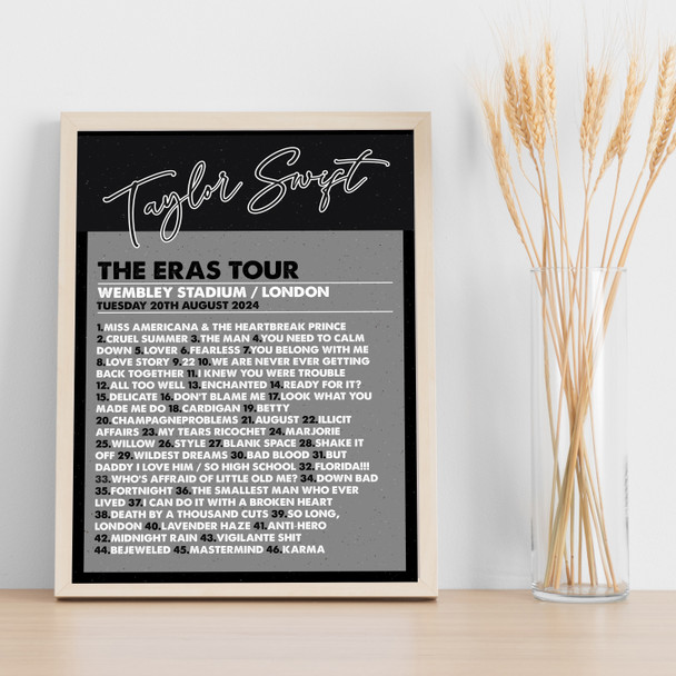 Taylor Swift - Concert Setlist Gig Poster Print Canvas Black & Grey - Wembley London England - Aug 20 2024