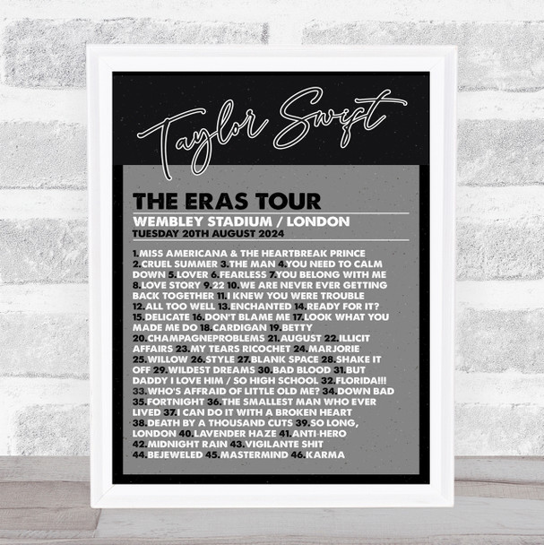 Taylor Swift - Concert Setlist Gig Poster Print Canvas Black & Grey - Wembley London England - Aug 20 2024