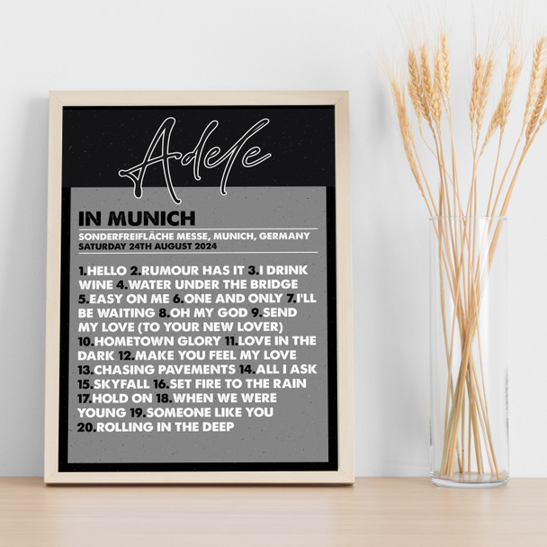 Adele - Concert Setlist Poster Print Canvas Black & Grey - Sonderfreifläche Messe - Aug 24th 2024