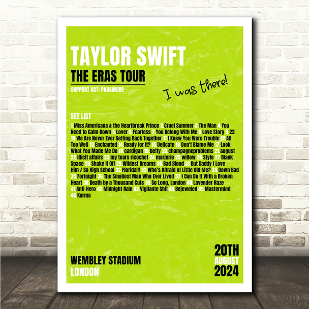 Taylor Swift - Concert Setlist Gig Poster Print Canvas Lime Green - Wembley London England - Aug 20 2024