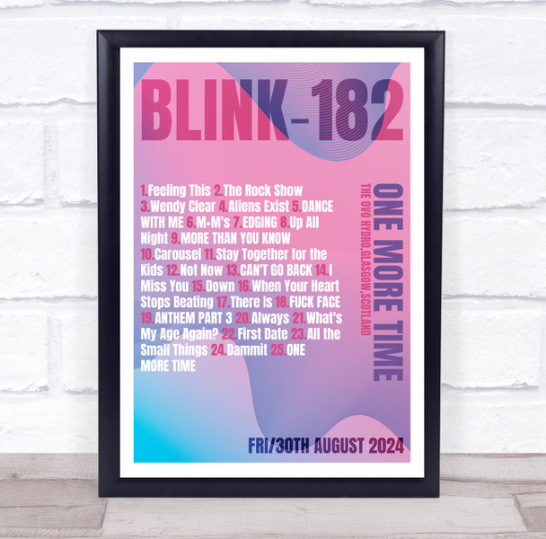 Blink-182 - Concert Setlist Gig Poster Print Canvas Pink Purple - The OVO Hydro Glasgow Scotland - Aug 30th 2024