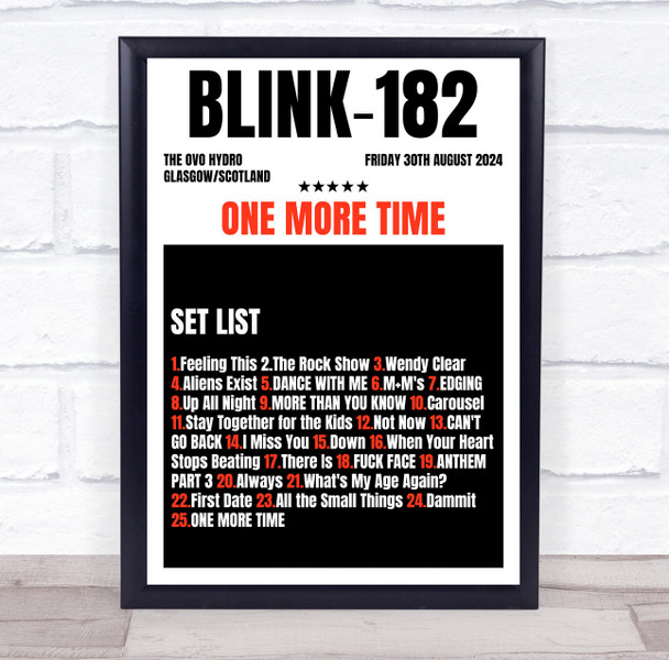 Blink-182 - Concert Setlist Gig Poster Print Canvas Black Red - The OVO Hydro Glasgow Scotland - Aug 30th 2024