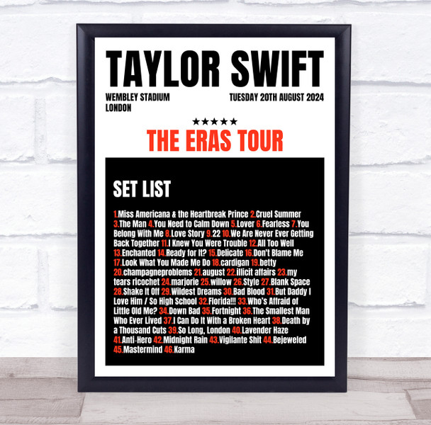 Taylor Swift - Concert Setlist Gig Poster Print Canvas Black Red - Wembley London England - Aug 20 2024