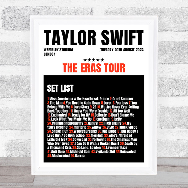 Taylor Swift - Concert Setlist Gig Poster Print Canvas Black Red - Wembley London England - Aug 20 2024