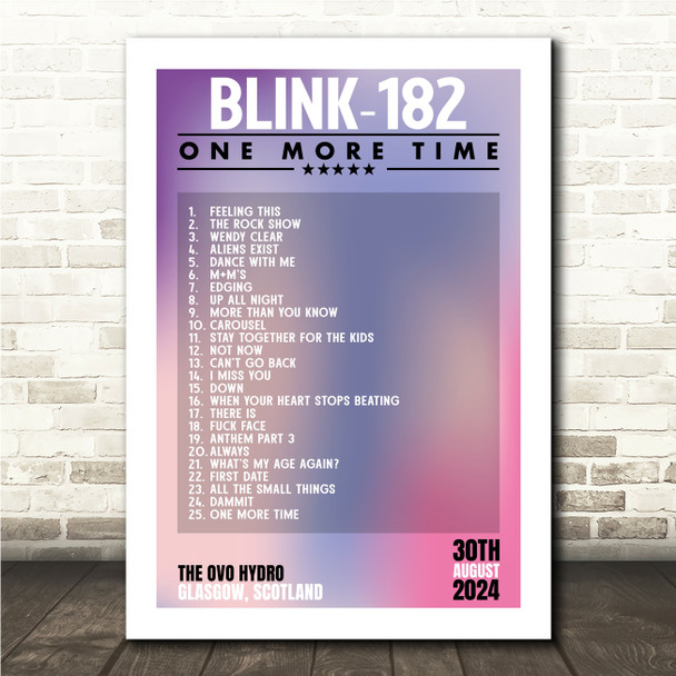 Blink-182 - Concert Setlist Gig Poster Print Canvas Purple Pink - The OVO Hydro Glasgow Scotland - Aug 30th 2024