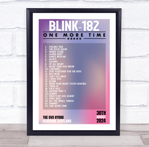 Blink-182 - Concert Setlist Gig Poster Print Canvas Purple Pink - The OVO Hydro Glasgow Scotland - Aug 30th 2024