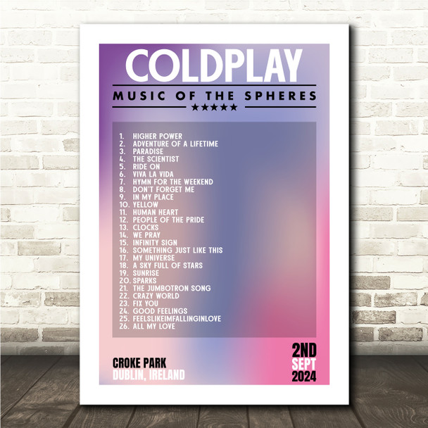 Coldplay - Concert Setlist Gig Poster Print Canvas Purple Pink - Croke Park Dublin Ireland - Sept 2nd 2024