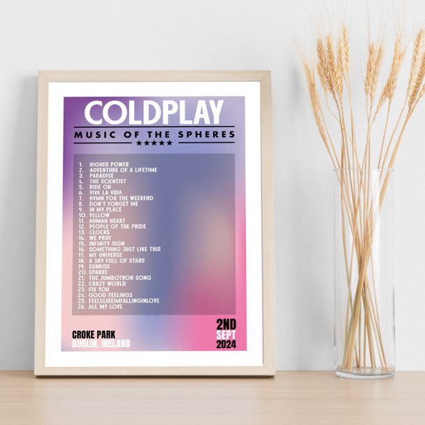 Coldplay - Concert Setlist Gig Poster Print Canvas Purple Pink - Croke Park Dublin Ireland - Sept 2nd 2024