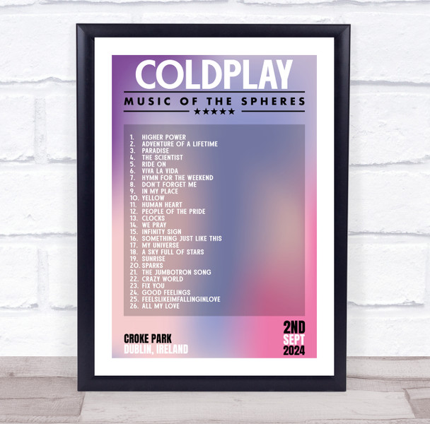 Coldplay - Concert Setlist Gig Poster Print Canvas Purple Pink - Croke Park Dublin Ireland - Sept 2nd 2024
