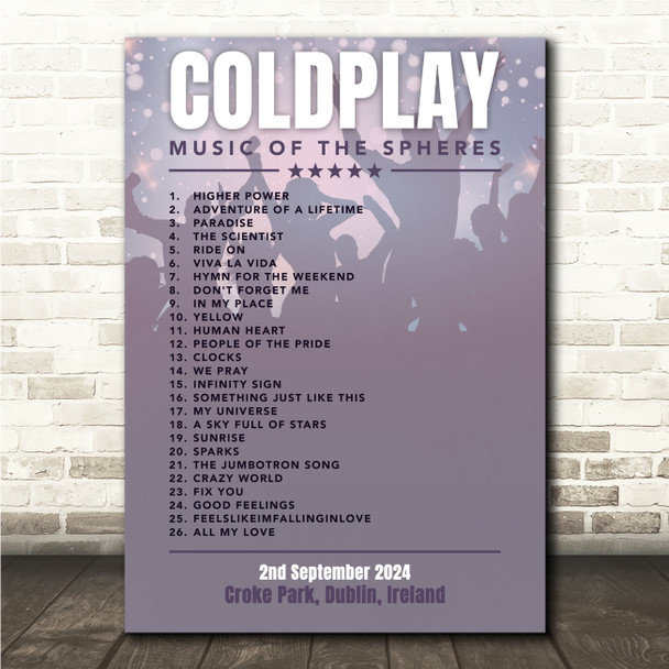 Coldplay - Concert Setlist Gig Poster Print Canvas Purple Shadow - Croke Park Dublin Ireland - Sept 2nd 2024