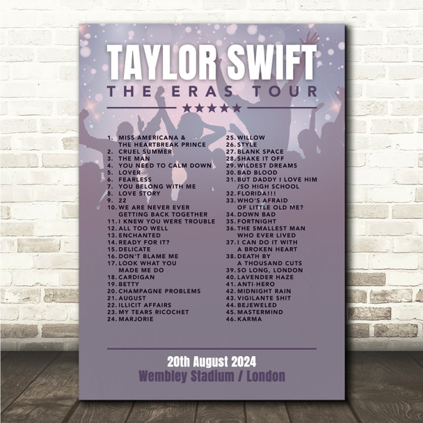Taylor Swift - Concert Setlist Gig Poster Print Canvas Purple Shadow - Wembley London England - Aug 20 2024