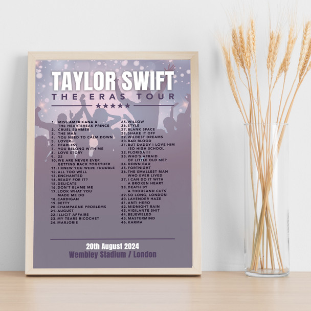 Taylor Swift - Concert Setlist Gig Poster Print Canvas Purple Shadow - Wembley London England - Aug 20 2024