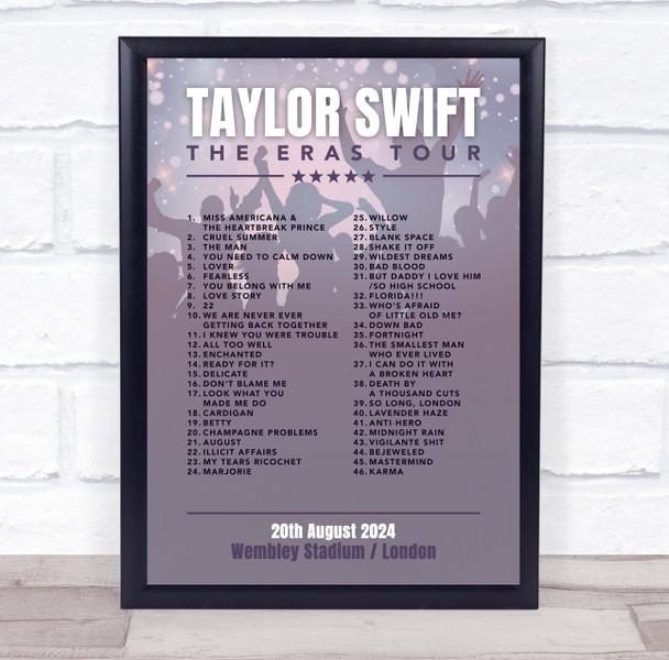 Taylor Swift - Concert Setlist Gig Poster Print Canvas Purple Shadow - Wembley London England - Aug 20 2024