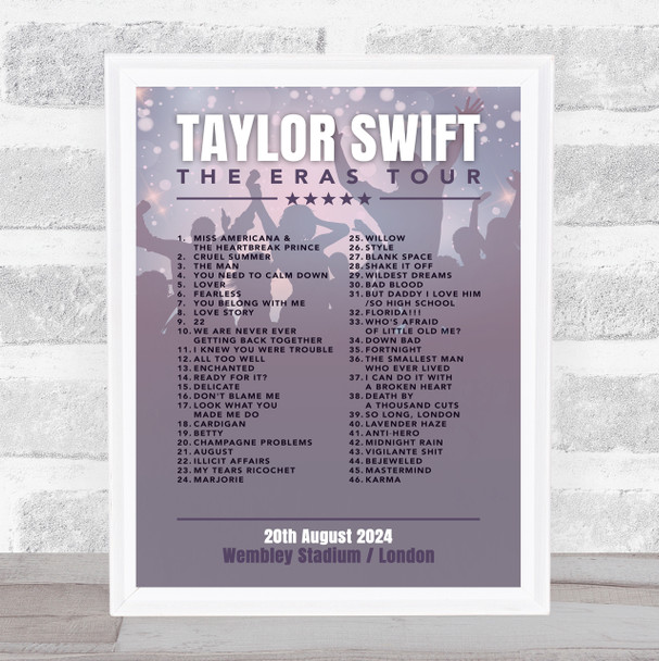 Taylor Swift - Concert Setlist Gig Poster Print Canvas Purple Shadow - Wembley London England - Aug 20 2024